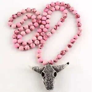 Bohemian Bull Skull Long Knitted Pink Natural Stones Necklace FINE CRAFTMANSHIP